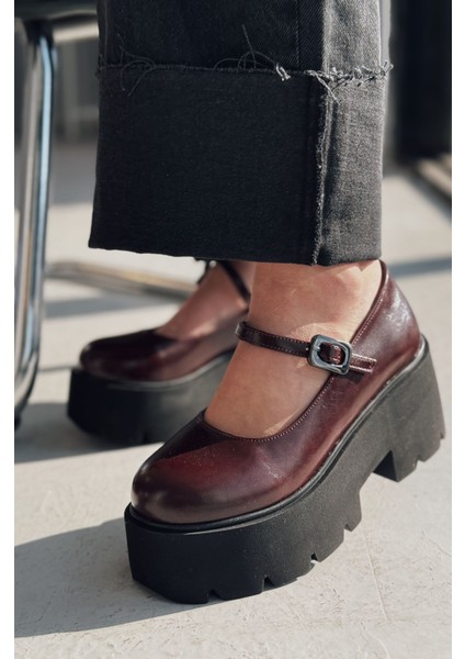Tinos Mat Deri Bordo Kalın Taban Mary Jane Ayakkabı fiyatları