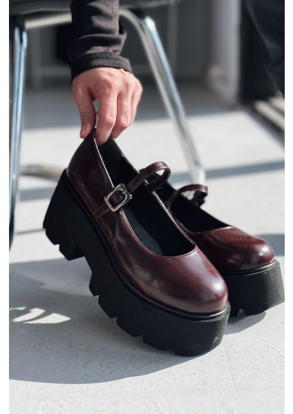 Tinos Mat Deri Bordo Kalın Taban Mary Jane Ayakkabı fırsatları