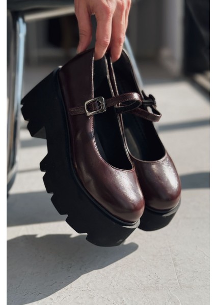 Tinos Mat Deri Bordo Kalın Taban Mary Jane Ayakkabı indirimleri