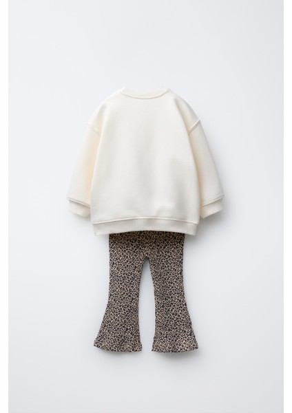 Kız Çocuk Pamuklu Ekru Kalp Aplikeli Sweatshirt ve Leopar Desenli Flare Tayt Takım fiyatları