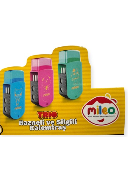 Mileo Trio Silgili Kalemtraş, Çift Bıçaklı, Temizleme Fırçalı, Renkli