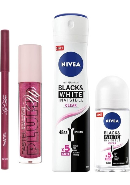Plumping Gloss 207 + Pastel Lip Contour Lip Liner 52 + Nıvea Deodorant Sprey 150 ml + Roll-On 25 ml