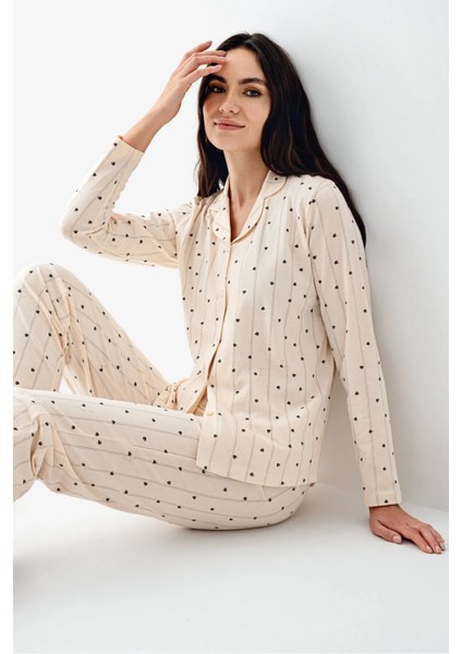 Uzun Kol Gömlek Yaka Önden Düğmeli Kadın Pijama Takım 3435 fiyatları