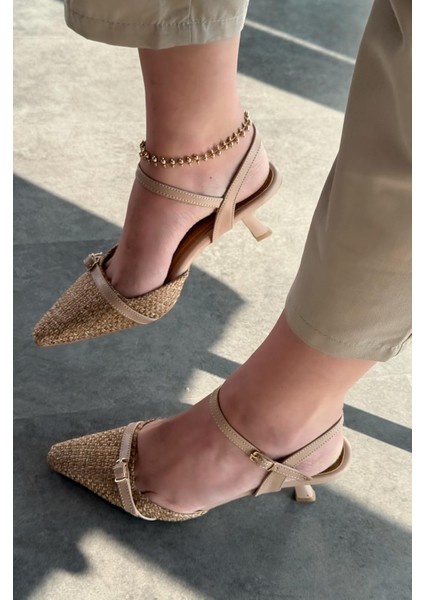 Rensowa Hasır Bej Toka Detaylı Stiletto