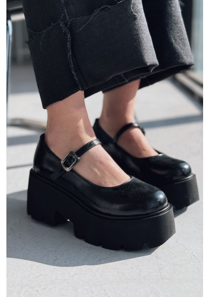 Tinos Mat Deri Siyah Kalın Taban Mary Jane Ayakkabı