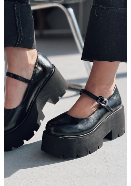 Tinos Mat Deri Siyah Kalın Taban Mary Jane Ayakkabı fiyatları