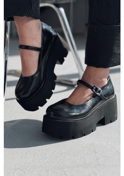 Tinos Mat Deri Siyah Kalın Taban Mary Jane Ayakkabı modelleri