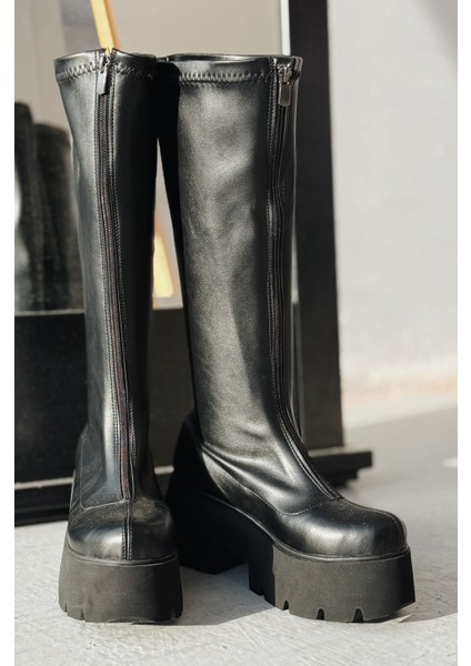 Vodsen Streç Mat Deri Siyah Kalın Taban Kadın Çizme