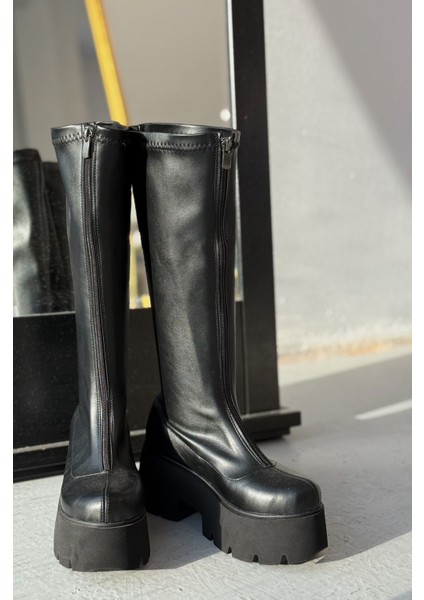Vodsen Streç Mat Deri Siyah Kalın Taban Kadın Çizme fiyatları