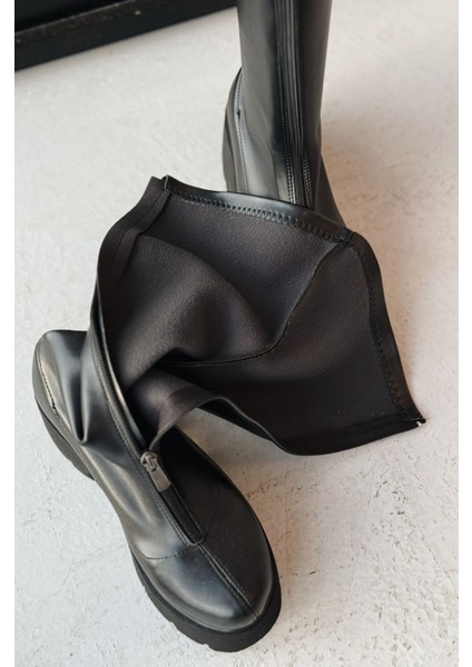 Vodsen Streç Mat Deri Siyah Kalın Taban Kadın Çizme modelleri