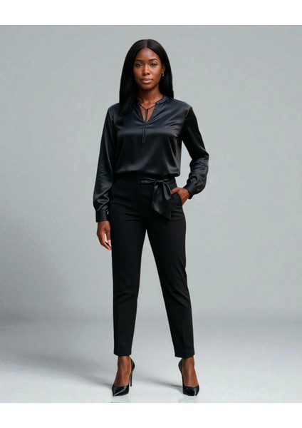 Black Bağlama Detay Hakim Yaka Ihtal Saten Bluz 2026