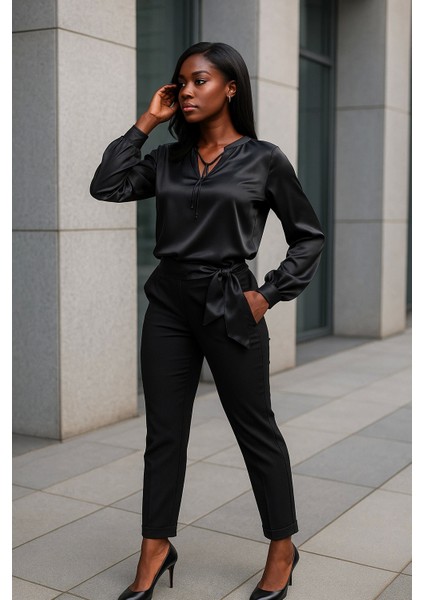 Black Bağlama Detay Hakim Yaka Ihtal Saten Bluz 2026 fırsatları