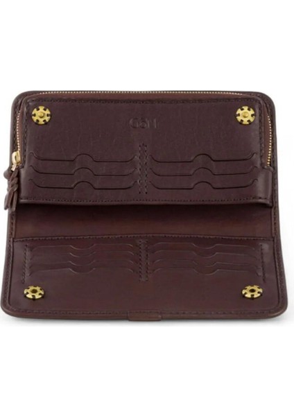 %100 Deri El Yapımı Yatay Telefon Bölmeli Fermuarlı ve Çıt Çıtlı Kadın Cüzdan (Liva)