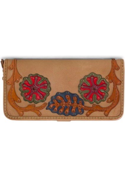 %100 Deri El Yapımı Yatay Telefon Bölmeli Fermuarlı ve Çıt Çıtlı Kadın Cüzdan (Liva)