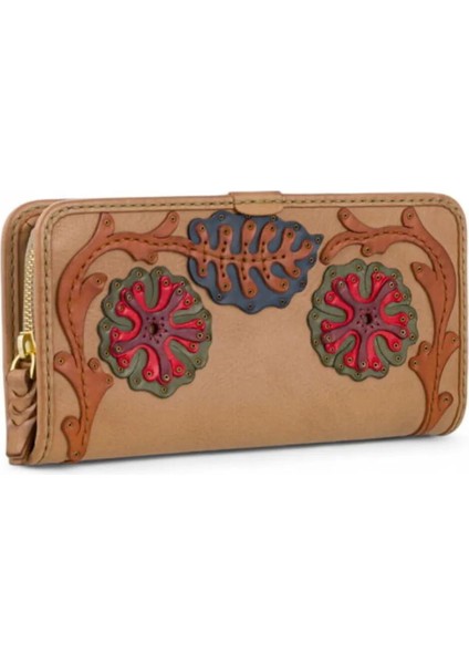 %100 Deri El Yapımı Yatay Telefon Bölmeli Fermuarlı ve Çıt Çıtlı Kadın Cüzdan (Liva)