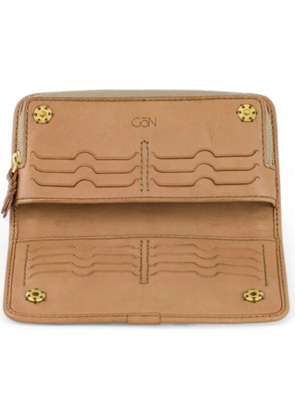 %100 Deri El Yapımı Yatay Telefon Bölmeli Fermuarlı ve Çıt Çıtlı Kadın Cüzdan (Liva)