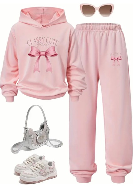 Özel Tasarım Kapüşonlu Pembe Kurdele Baskılı Kışlık Şık Kız Çocuk Eşofman Takımı