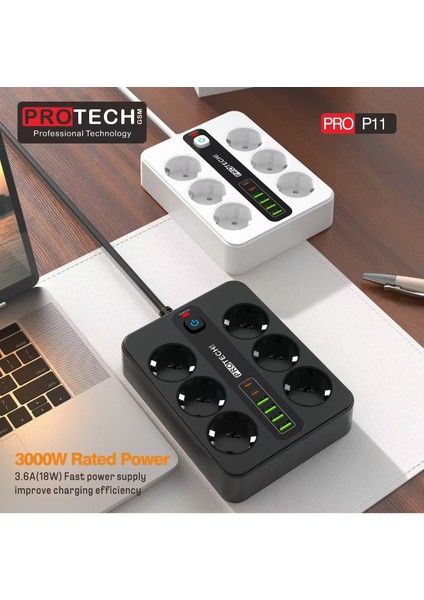 Pro P11 5x Priz 3000W Termal Akım Korumalı 4x USB 2x Type-C Girişli Çoklu Priz fırsatları