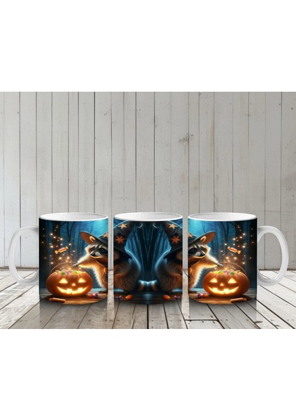 Kurt Adam ve Balkabağı Figürlü Gotik Korku Temalı Cadılar Bayramı Baskılı Kupa