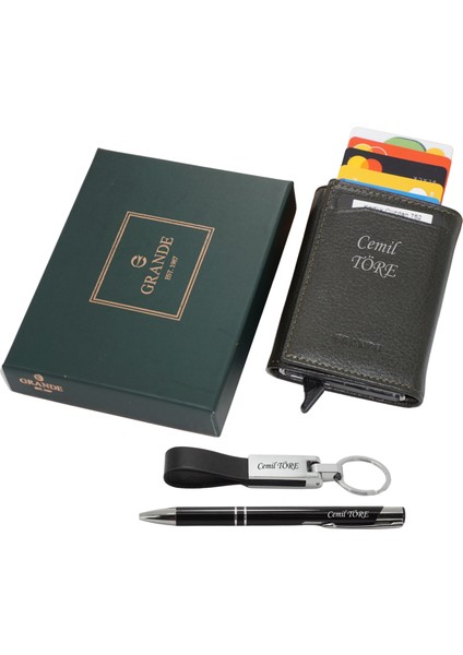 752 Isme Özel Hakiki Deri Mekanizmalı Erkek Cüzdan Isme Özel Kalem-Anahtarlık Hediyeli