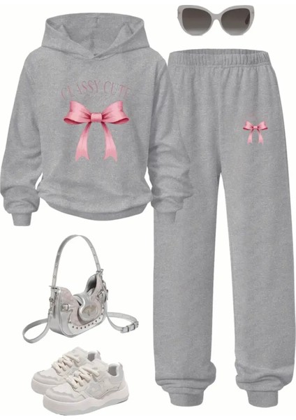 Özel Tasarım Kapüşonlu Pembe Kurdele Baskılı Kışlık Şık Kız Çocuk Eşofman Takımı