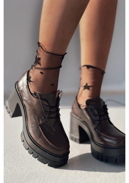 Sapetos Kalın Taban Topuklu Kadın Loafer Acı Kahve Mat Rugan