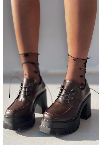 Sapetos Kalın Taban Topuklu Kadın Loafer Acı Kahve Mat Rugan modelleri