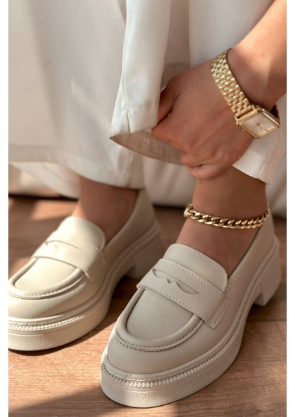 Wiensa Mat Deri Kadın Loafer Bej modelleri