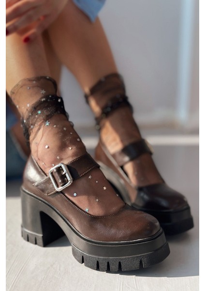 Solea Kalın Taban Topuklu Mary Jane Acı Kahve Mat Deri