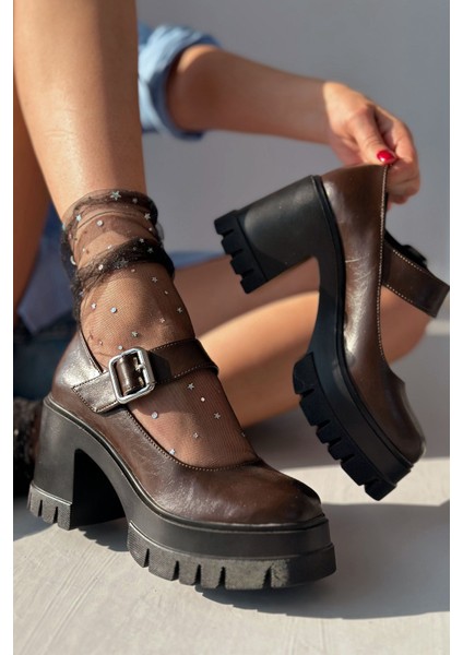 Solea Kalın Taban Topuklu Mary Jane Acı Kahve Mat Deri modelleri