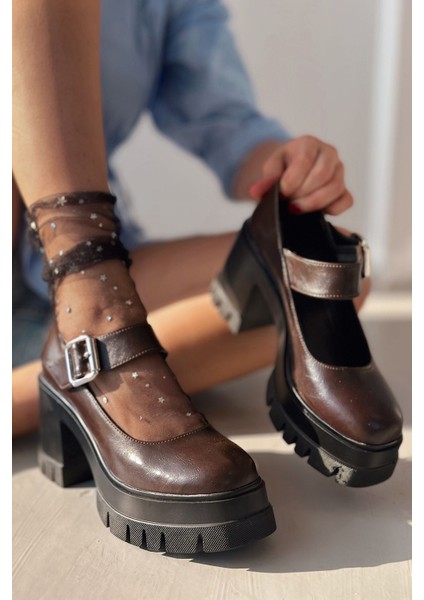 Solea Kalın Taban Topuklu Mary Jane Acı Kahve Mat Deri fırsatları