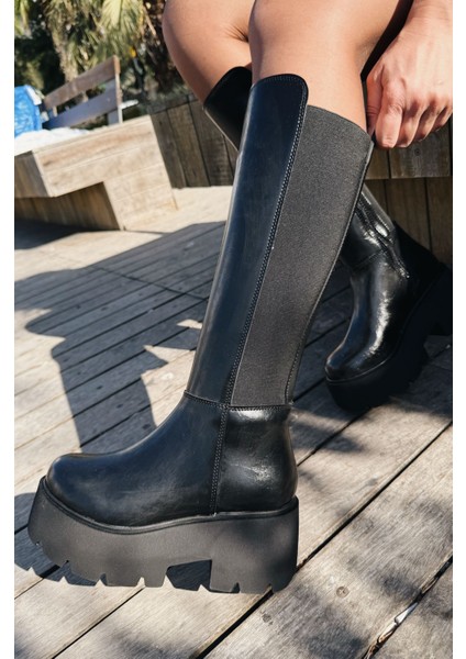 Tinta Mat Deri Siyah Kalın Taban Kadın Çizme
