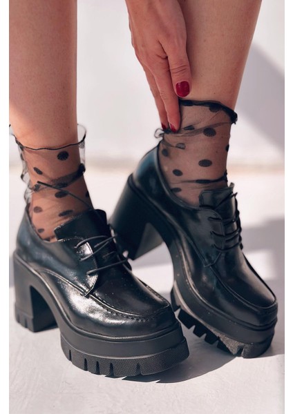 Sapetos Kalın Taban Topuklu Kadın Loafer Siyah Mat Rugan