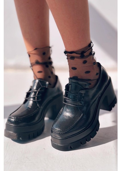 Sapetos Kalın Taban Topuklu Kadın Loafer Siyah Mat Rugan modelleri