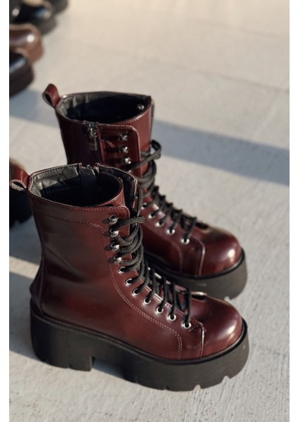 Geselon Mat Deri Kalın Taban Bağcıklı Fermuarlı Bordo Kadın Bot modelleri