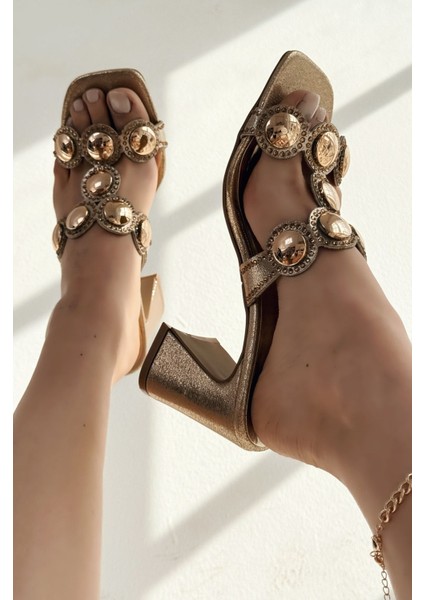 Panixdo Parlak Gold Kalın Topuklu Kadın Terlik