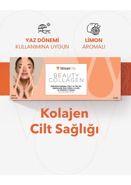 Asfstore Wiserlife Beauty Collagen Hidrolize Kolajen Tip I-Iıı Hyaluronik Asit Glisin L-Lizin ve Vitamin C Içeren Takviye Edici Gıda 30