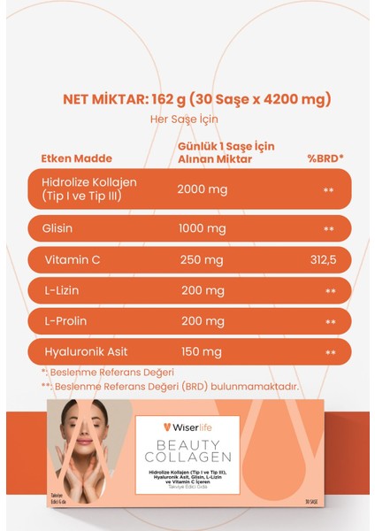 Asfstore Wiserlife Beauty Collagen Hidrolize Kolajen Tip I-Iıı Hyaluronik Asit Glisin L-Lizin ve Vitamin C Içeren Takviye Edici Gıda 30