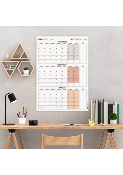 Üç Aylık Planlayıcı 2026 Duvar Takvimi, Ocak - Mart 2026, 90 Günlük Planlama, Yılın Birinci Çeyreği Takvimi - 50X70CM