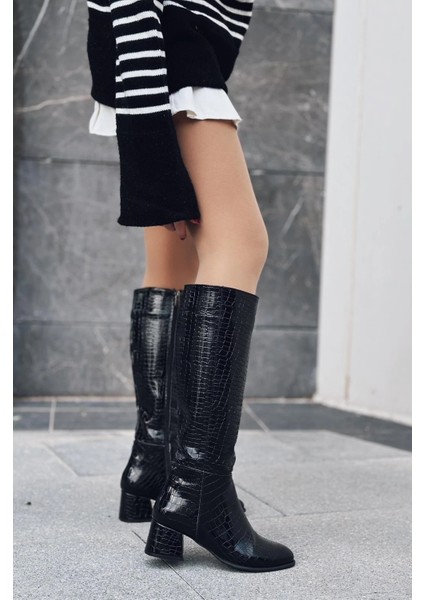 Gistus Rugan Desenli Kadın Topuklu Çizme Siyah