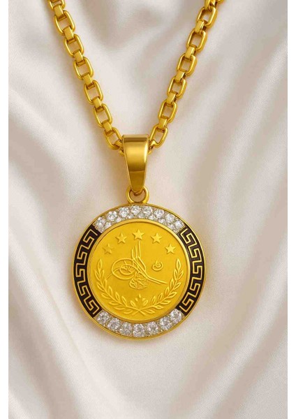 Altın Kaplama Osmanlı Tuğralı Madalyon Çelik Kolye