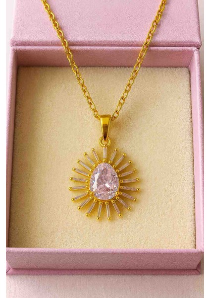 ✨ Altın Renkli Güneş Işığı Tasarımlı Taşlı Çelik Kadın Kolye ✨