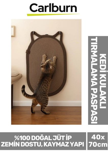 Özel Üretim Zemin Dostu Kaymaz %100 Doğal Jüt Ip Dekoratif Kedi Kulaklı Tırmalama Paspası 40X70CM
