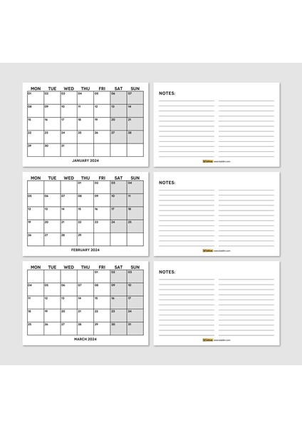 Siyah Beyaz Aylık Planlama 2026 Takvim, 2026 Masa Takvimi, Black White Monthly Planner Calendar modelleri