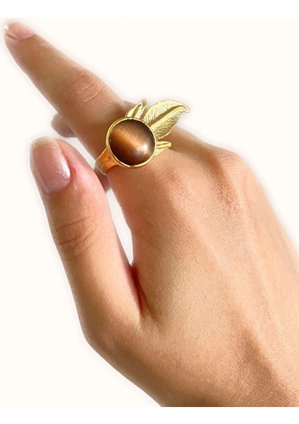 Esso Altın Pirinç Kaplama Özel Tasarım Hafif Doğal Taş Ayarlanabilir Şık Kararmaz Kadın Yüzük