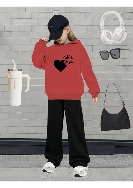 Özel Tasarım Siyah Kelebekler Baskılı Ispanyol Paça Kışlık Kız Çocuk Eşofman Takım