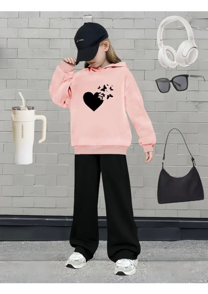 Özel Tasarım Siyah Kelebekler Baskılı Ispanyol Paça Kışlık Kız Çocuk Eşofman Takımı