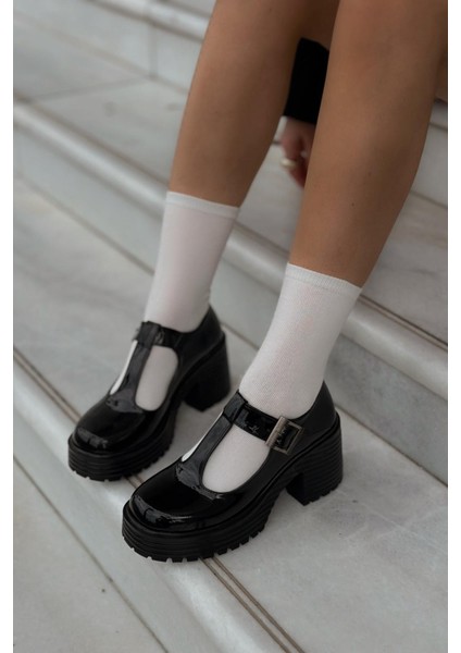Rasari Rugan Kalın Taban Mary Jane Topuklu Ayakkabı Siyah