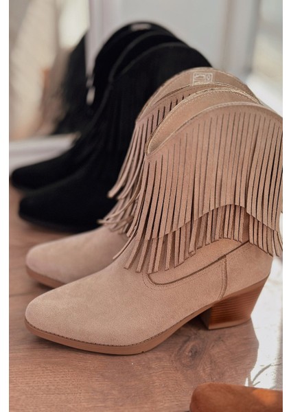 Eldora Süet Püskül Detaylı Kadın Kovboy Bot Bej