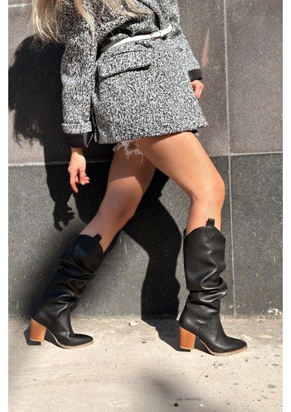 Orsenas Mat Deri Körüklü Kadın Kovboy Çizme Siyah